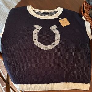Vici Women's Crewneck Sweater in Navy and Cream horseshoe design